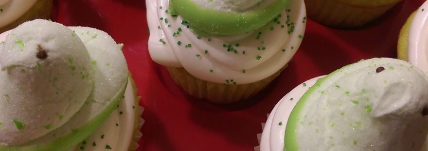 Key lime cupcakes with vanilla frosting, green sugar crystals and lime flavored Peeps